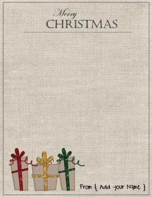 Christmas stationery with a textured background and a picture of 3 gifts. You can add your name to personalize the paper