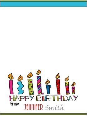Personalized birthday note card with a picture of colored candles that reads "Happy Birthday"