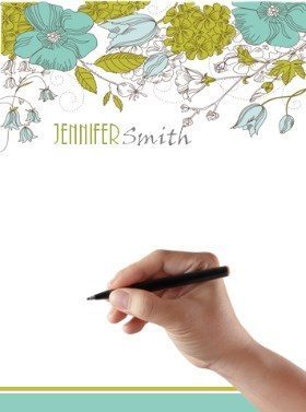 personalized stationery with green and blue flowers