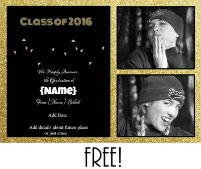 graduation announcement with a black background and gold glitter