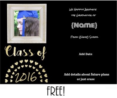 free graduation announcement with black background and gold hearts